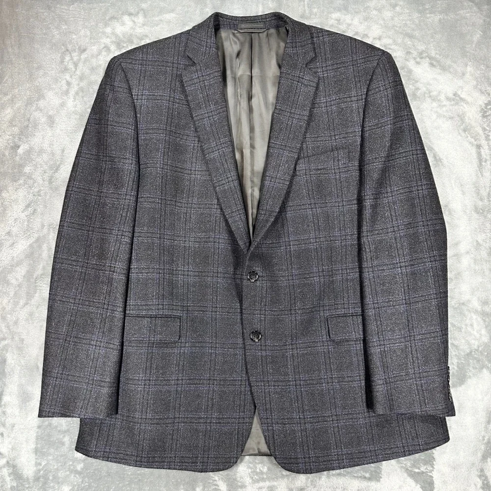 Lauren Ralph Lauren Mens 46L Wool Plaid Sport Coat Blazer Charcoal Grey Blue